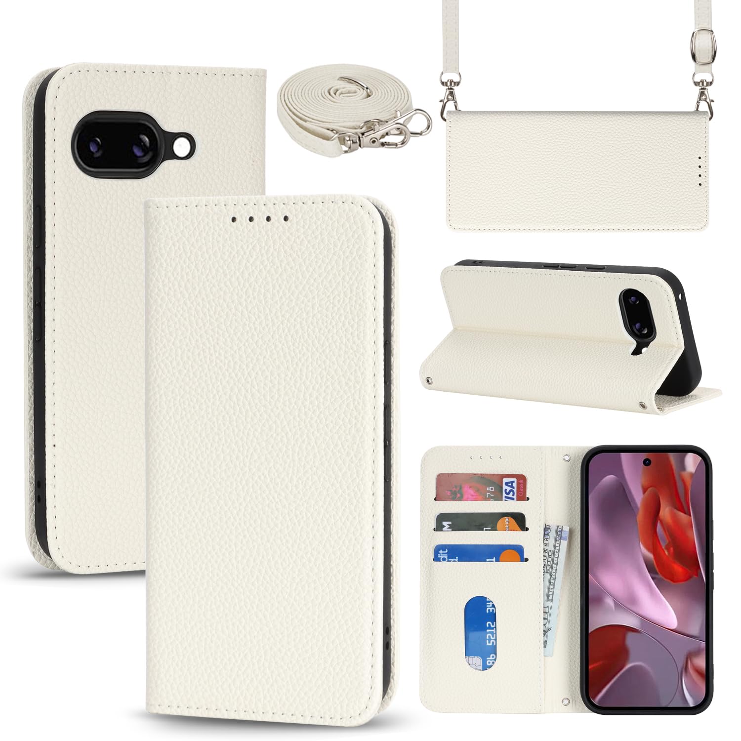 【Hamany】 対応 pixel 9A ケース ショルダー グーグルピクセル9A ケース 手帳型 スマホストラップ カード収納 財布型 スタンド機能 ピクセル9Aスマホケース マグネット式 女性 肩がけ 首掛け 斜め掛け ショルダーバッグ 携帯カバー -アンバー ホワイト