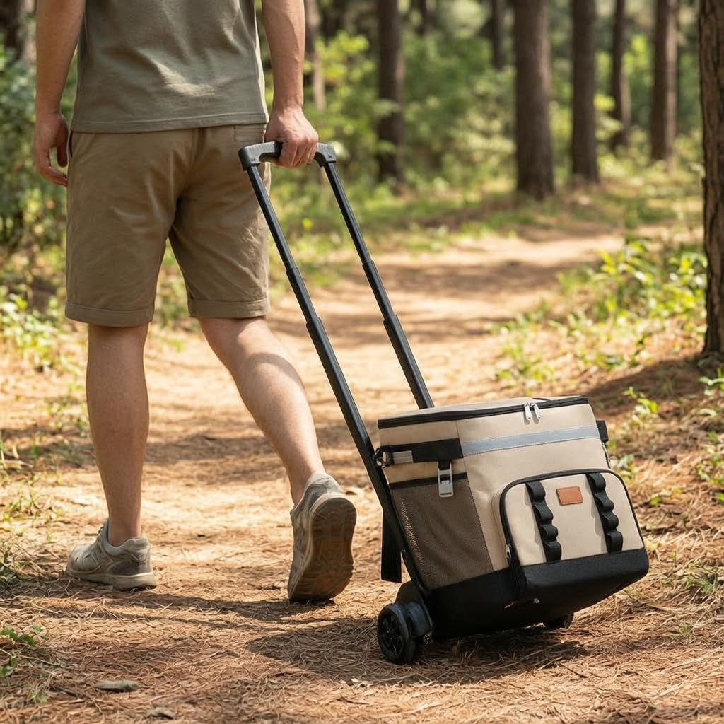 Borsa con Ruo, Grande Capacità, Borsa Frigo Portatile per Campeggio, Mare, con Manico lescopico e Ruo Scorrevoli, Cachi, Beige
