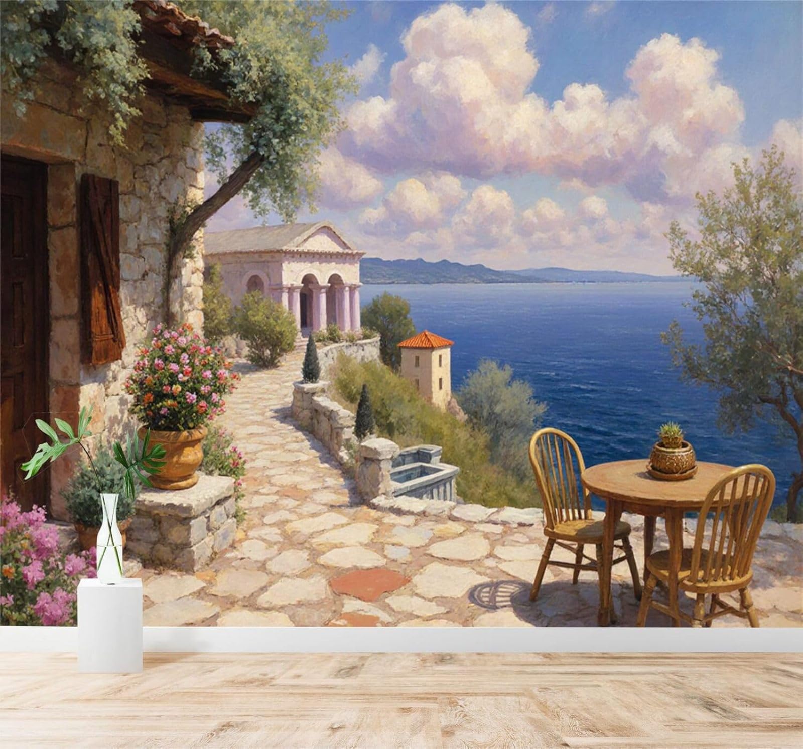 Xlming 200Cm×140Cm(B×H) Village Terrace Stone Path Flowers Seascape 3D Wallpaper Premium Textured Silk Study Dining Living Room Bedroom Sofa Tv Wall Easy Install-200Cm×140Cm