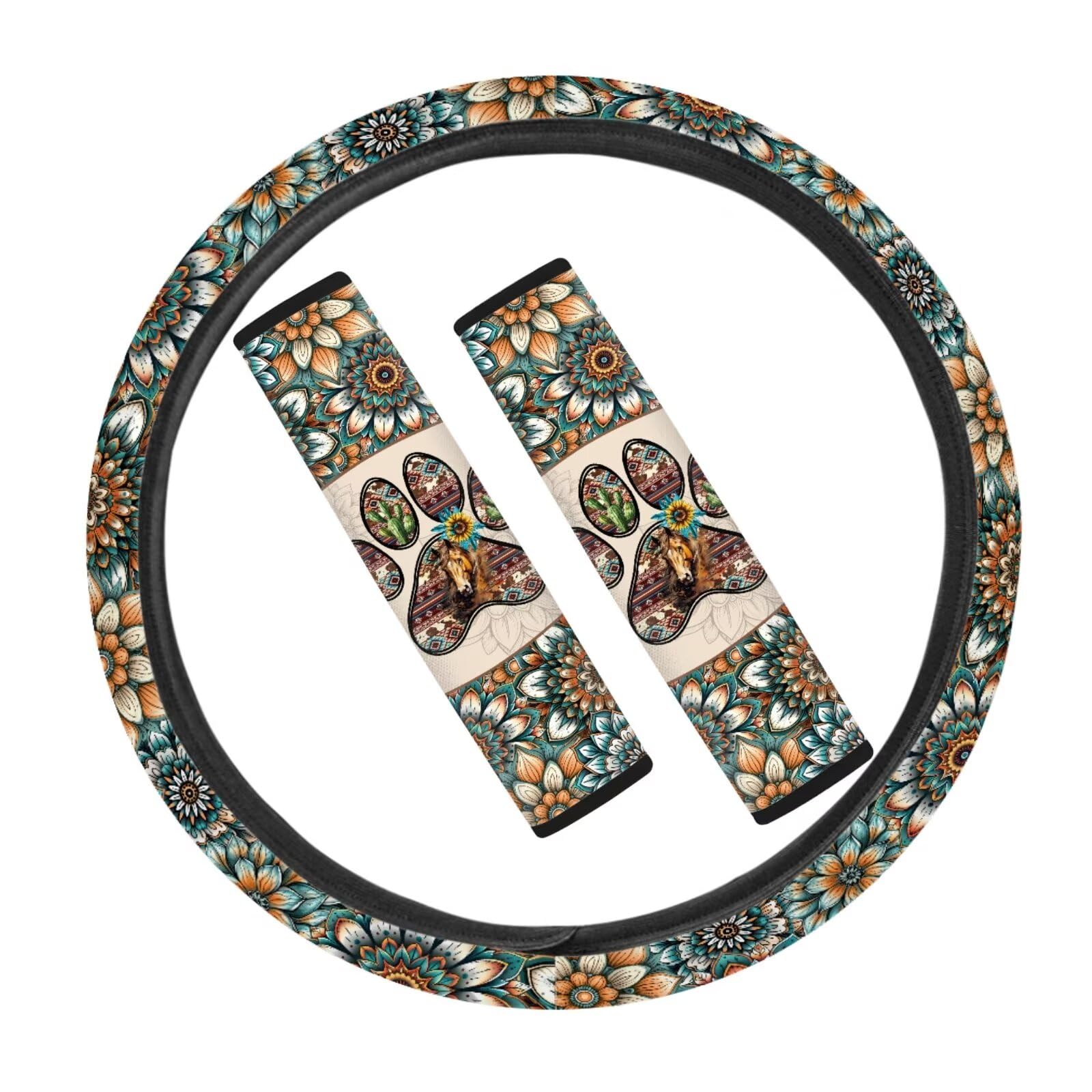 JOAIFO 3 PCS Car Steering Wheel Cover Boho Paw Print Seatbelt Covers, Mandala Flower Car Seat Belt Cover Pads Stretch Steering Wheel Protector Universal Fit Adds Fun to Your Car Interior