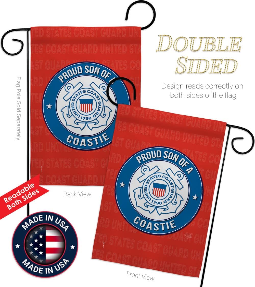 Breeze Decor Proud Son Coastie Garden Flag Set with Stand Armed Forces Coast Guard USCG Semper Paratus United State American Military Veteran Retire Official House Yard Gift Double-Sided, Made in USA