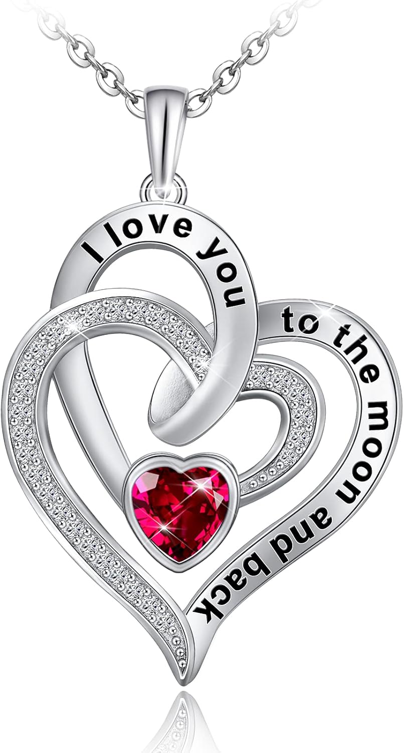Distance Heart Necklace for Women 925 Sterling Sliver Birthstone Heart Jewelry I Love You to The Moon and Back Necklaces for Mother Girlfriend Wife with Jewelry Gift Box