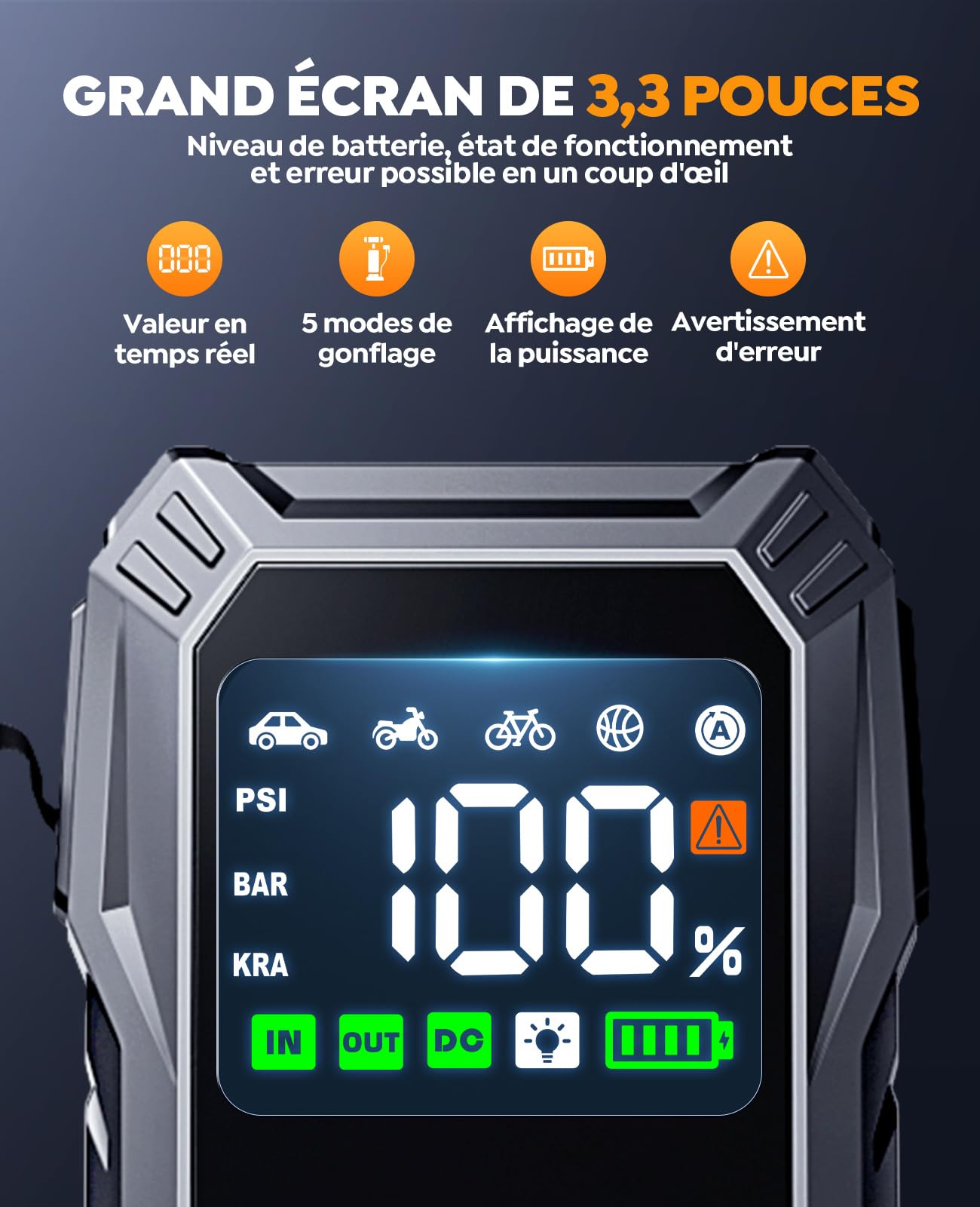 Booster Batterie Voiture avec Compresseur D’Air 150PSI, 6000A YaberAuto Booster Batterie Voiture Puissant (Tous Gaz/Diesel 10L) Démarreur avec Charge Rapide 18W, DC 150W LED 4 Modes 3,3 Grand Écran