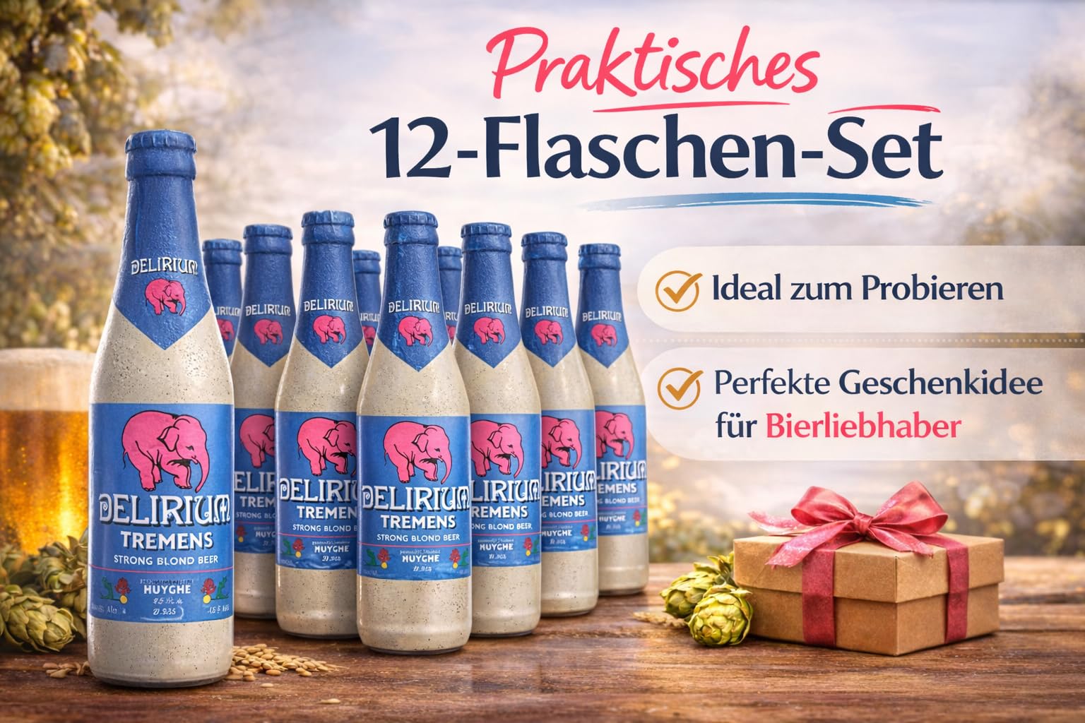 Delirium Tremens Belgisches Starkbier 12 Flaschen 0,33l 9% Vol. Premium Bierspezialität aus Belgien Porzellanflasche Craft Bier Geschenkset Belgische Braukunst