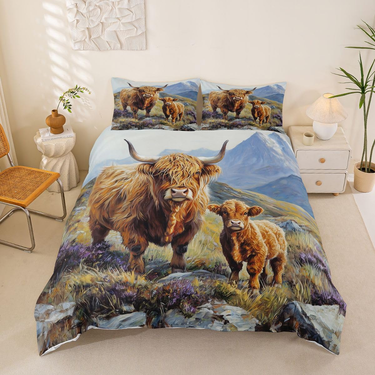 Loussiesd Highland Cattle Duvet Cover Set Single Size for Kids Boys Girls Highland Cow Bedding Set Rustic Cow Duvet Cover with 1 Pillowcase Farmhouse Cattle Bull Bedding