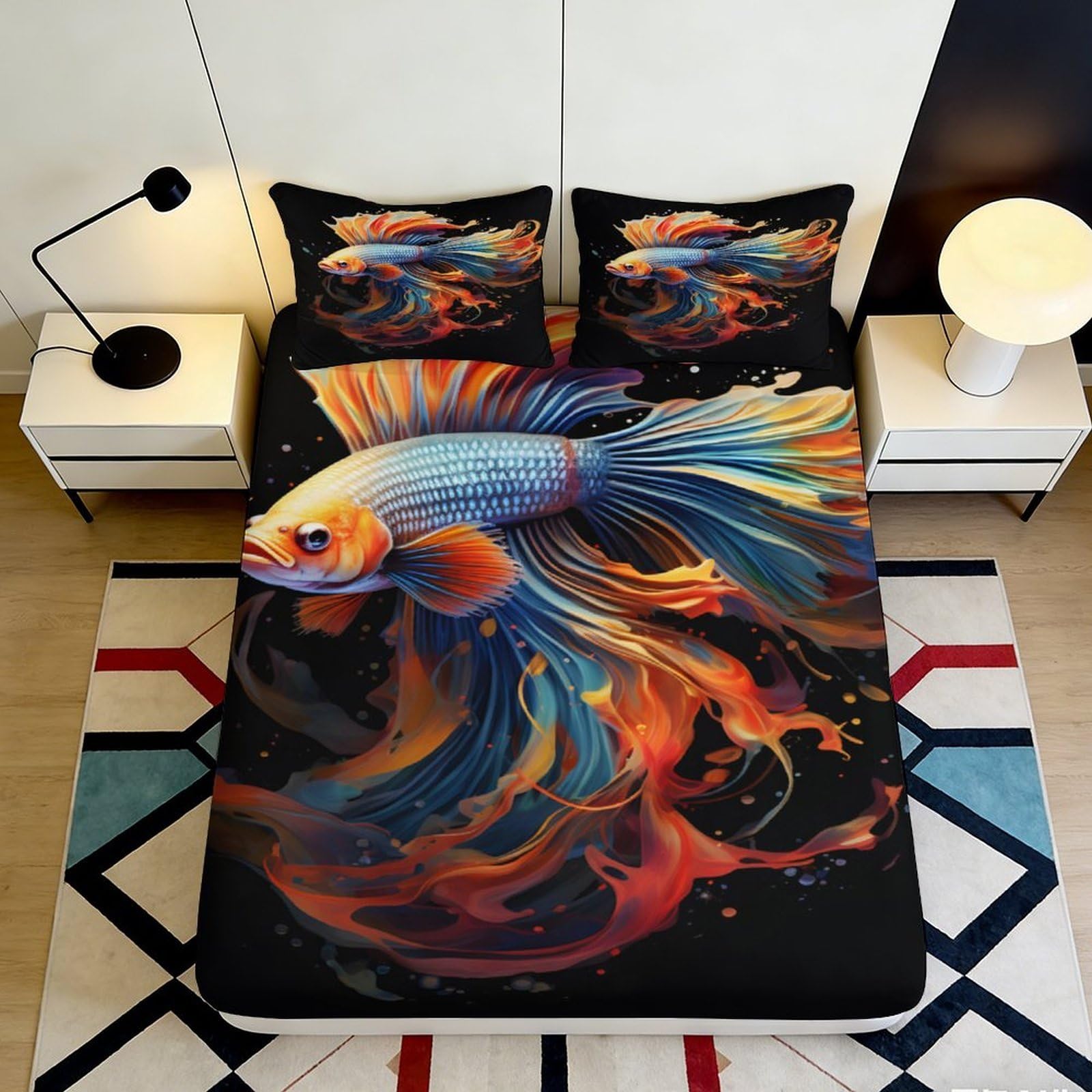 3D Printed Vibrant Goldfish Fitted Sheet Microfiber Soft Anti-Slip Betta Fish Mattress Cover for Bedroom Dorm Decor 140x200x25cm