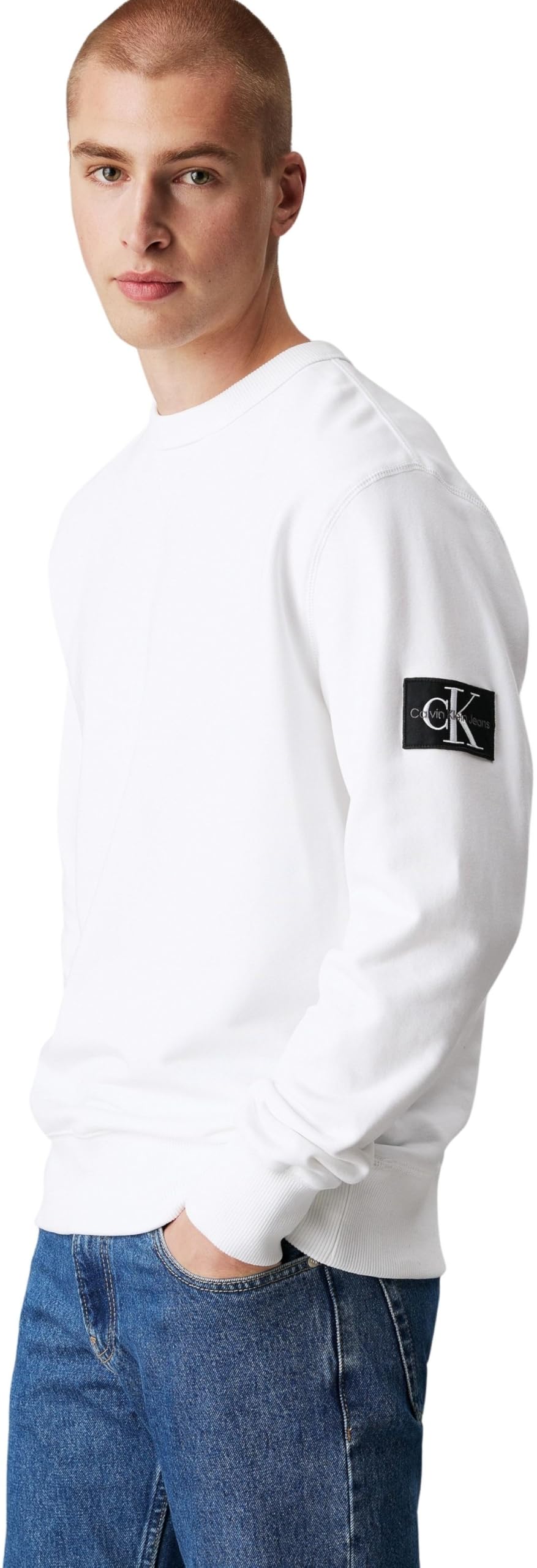 Calvin Klein Men’s Crew Neck Badge Cotton Sweatshirt, White (Bright White), XXS