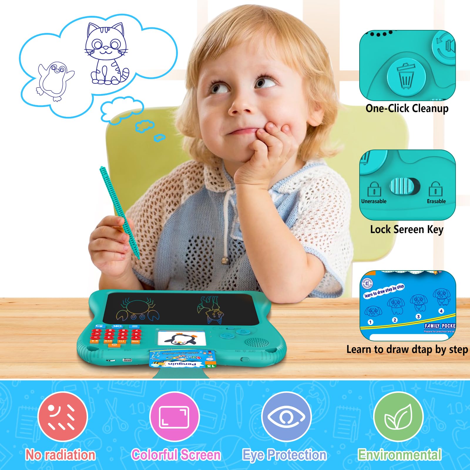 SPG300 3-in-1 Kids Learning Tablet Oral Arithmetic,130 Memory Cards, Drawing Board,7.5