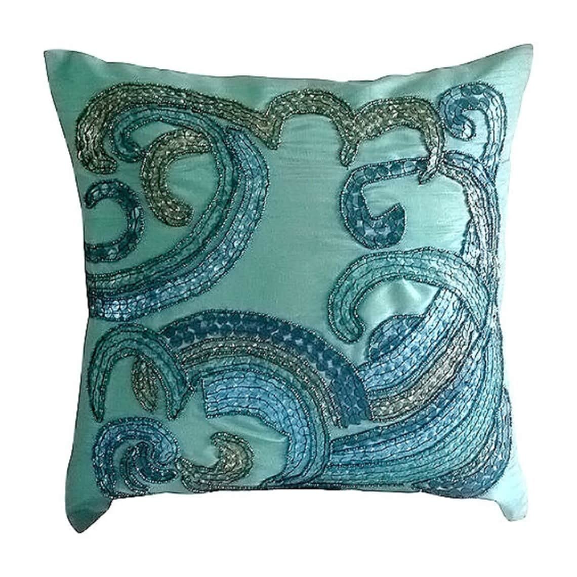 The HomeCentric Aqua Blue Euro Shams, 65x65 cm (26x26 inch) Euro Shams, Sequins & Beaded Beach and Ocean Theme Euro Cushion Shams, Silk Euro Sham Covers, Geometric Contemporary Euro - Tides โ image 1