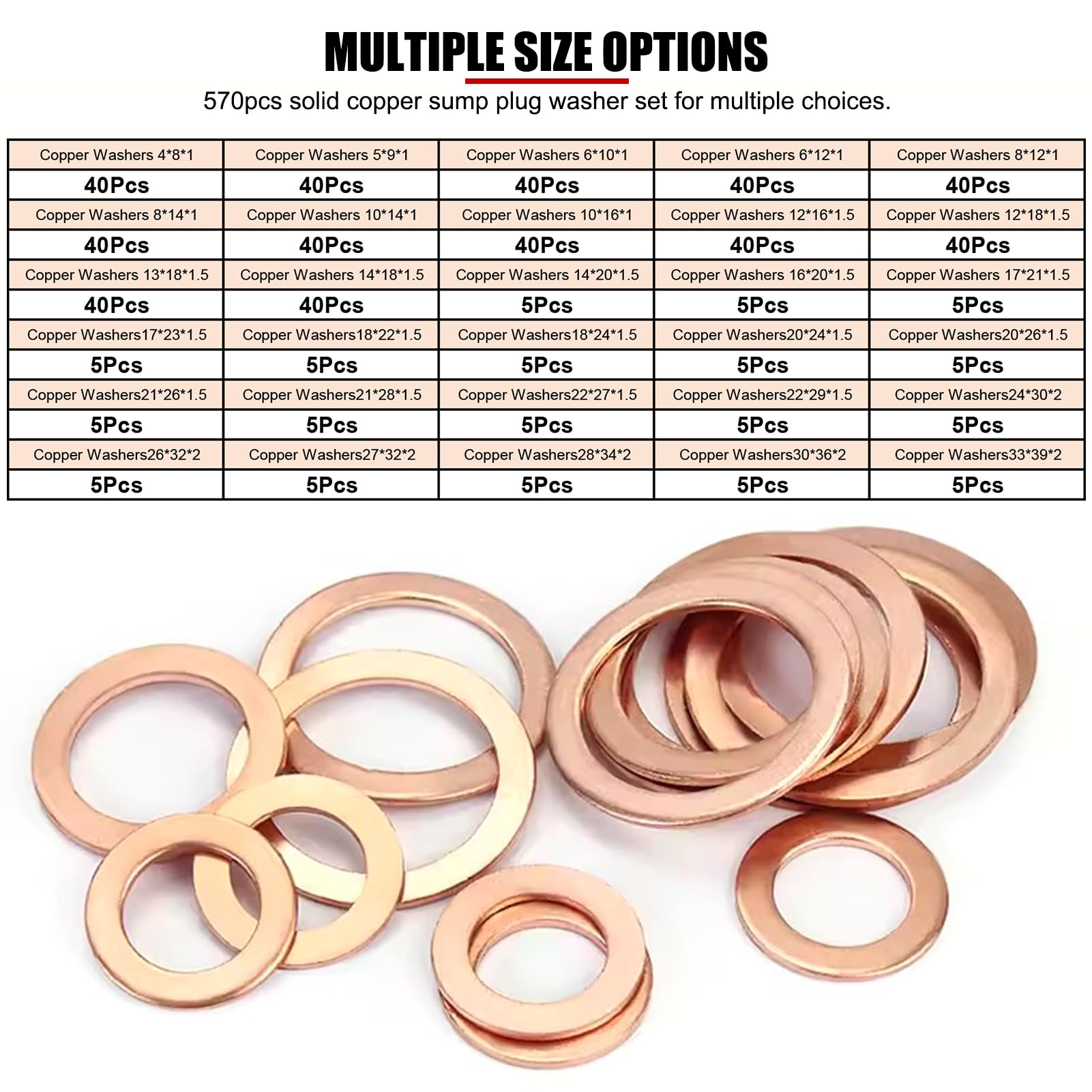 570 pièces Kit rondelles en cuivre, avec 30 tailles assorties et un boîtier rangement en plastique, rondelles métalliques à haute conductivité pour sceller les joints plomberie, automobiles
