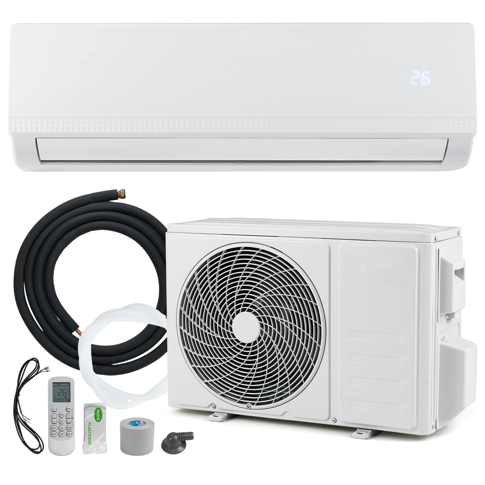 LIFEZEAL - Aire acondicionado dividido inversor reversible, aire acondicionado silencioso con tubos de cobre, A++, R32, funciones calefacción, refrigeración y deshumidificación, para sala de estar