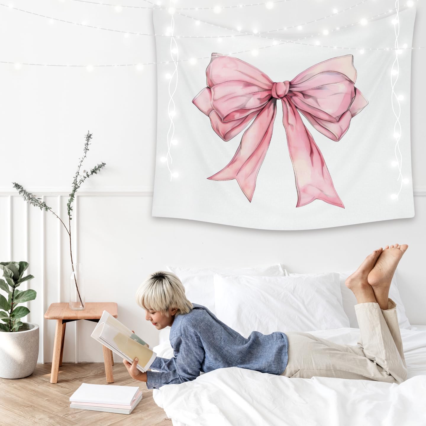 Hydrangea Tapestry 60x50 Inches – Pastel Blue Floral & Pink Bow Wall Hanging, Coquette Cottagecore Decor