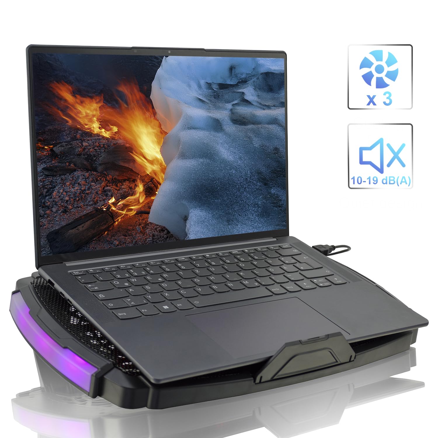 AABCOOLING VELA -Podstawka Chłodząca do Laptop-ów Gamingowych 10-17", 3 Ciche, Wydajne Wentylatory LED - Podświetlenie RGB, Nóżki Zwiększające Wysokość i Kąt, Lekkie i Wydajne Chłodzenie Podkładka