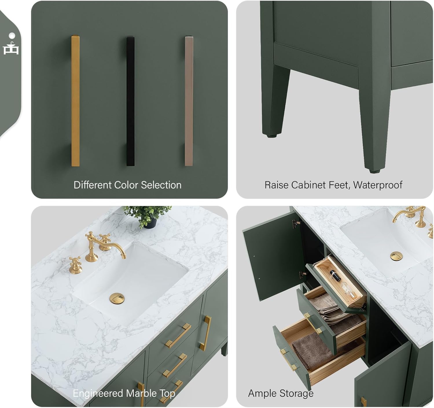 Vanity Art 48 inch Bathroom Vanity with Single Sink & Ceramic Top, Solid Wood Vanity Cabinet with Soft-Closing Doors, Drawers, Vintage Green, Golden Brushed Handware