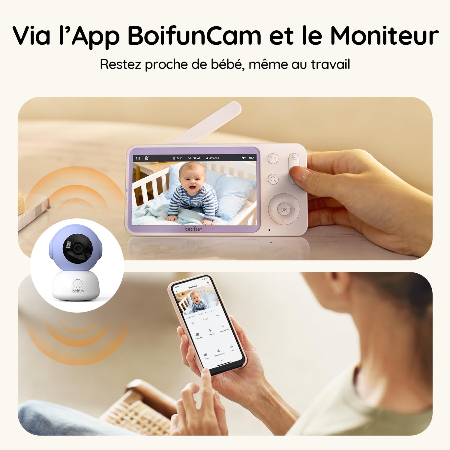 BOIFUN Smart Babyphone Camera 5" 2K, Connecté Via WiFi ou Mode Local, Vision Nocturne sans Lumière Visible, Détection & Alerte Pleurs/Mouvements/Température/Humidité, Suivi Auto 360°, Autonomie 17h