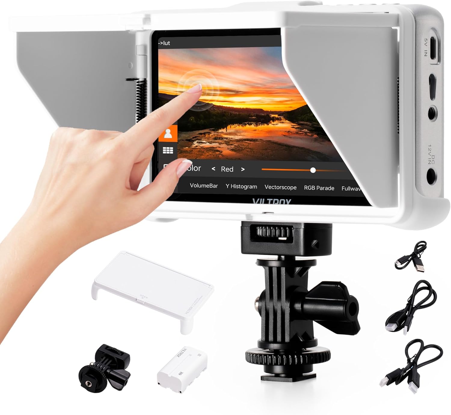 VILTROX 5.5 Inch Portable On-Camera Monitor, 4K Touchscreen HDMI Video Field Monitor, 1920×1080 Wide Viewing, Sunshade Hood, HDMI in and outputs, 3D LUTs (White)