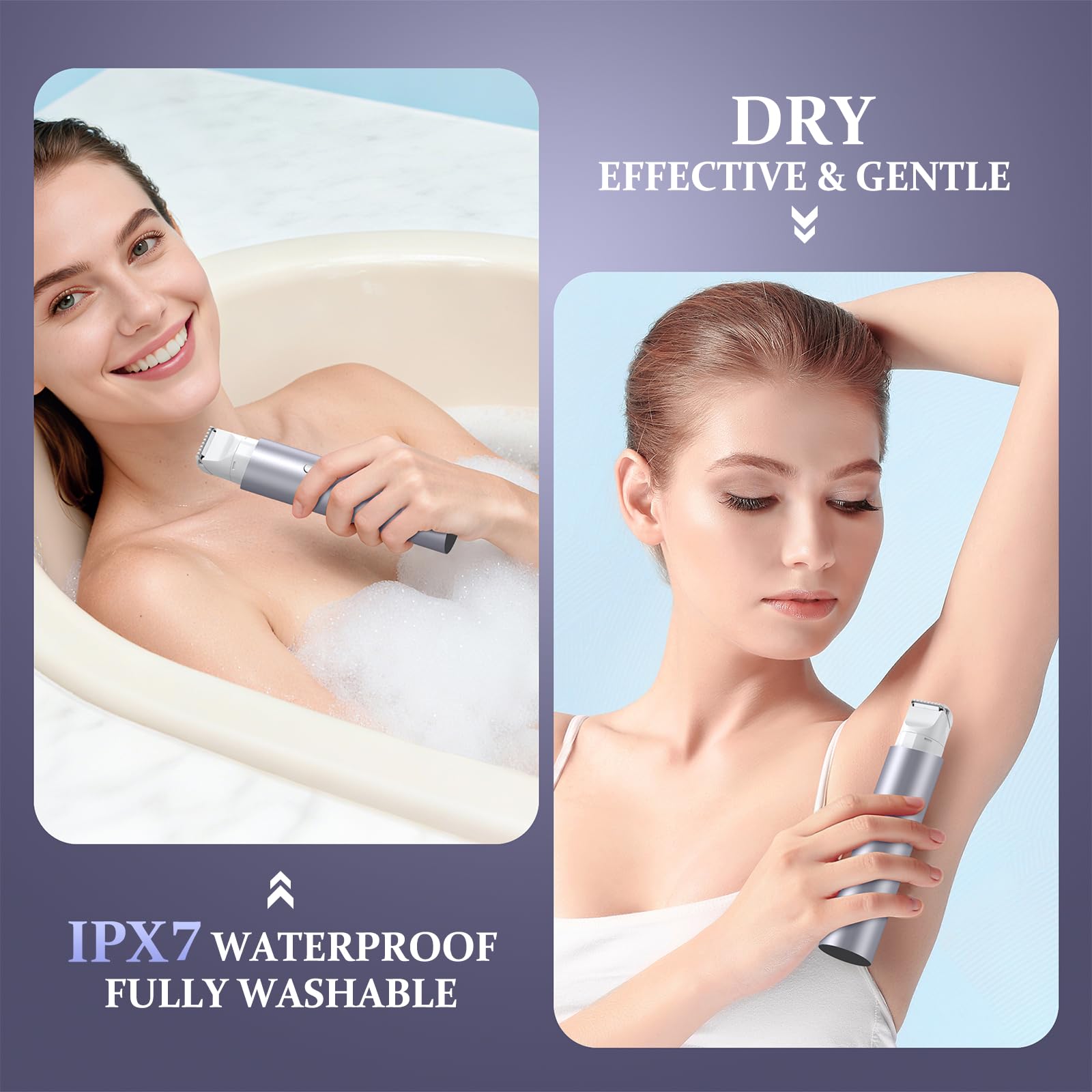 Rasoio per bikini da donna, rasoio elettrico a doppia testa, rasoio elettrico per gambe, impermeabile IPX7, viola chiaro