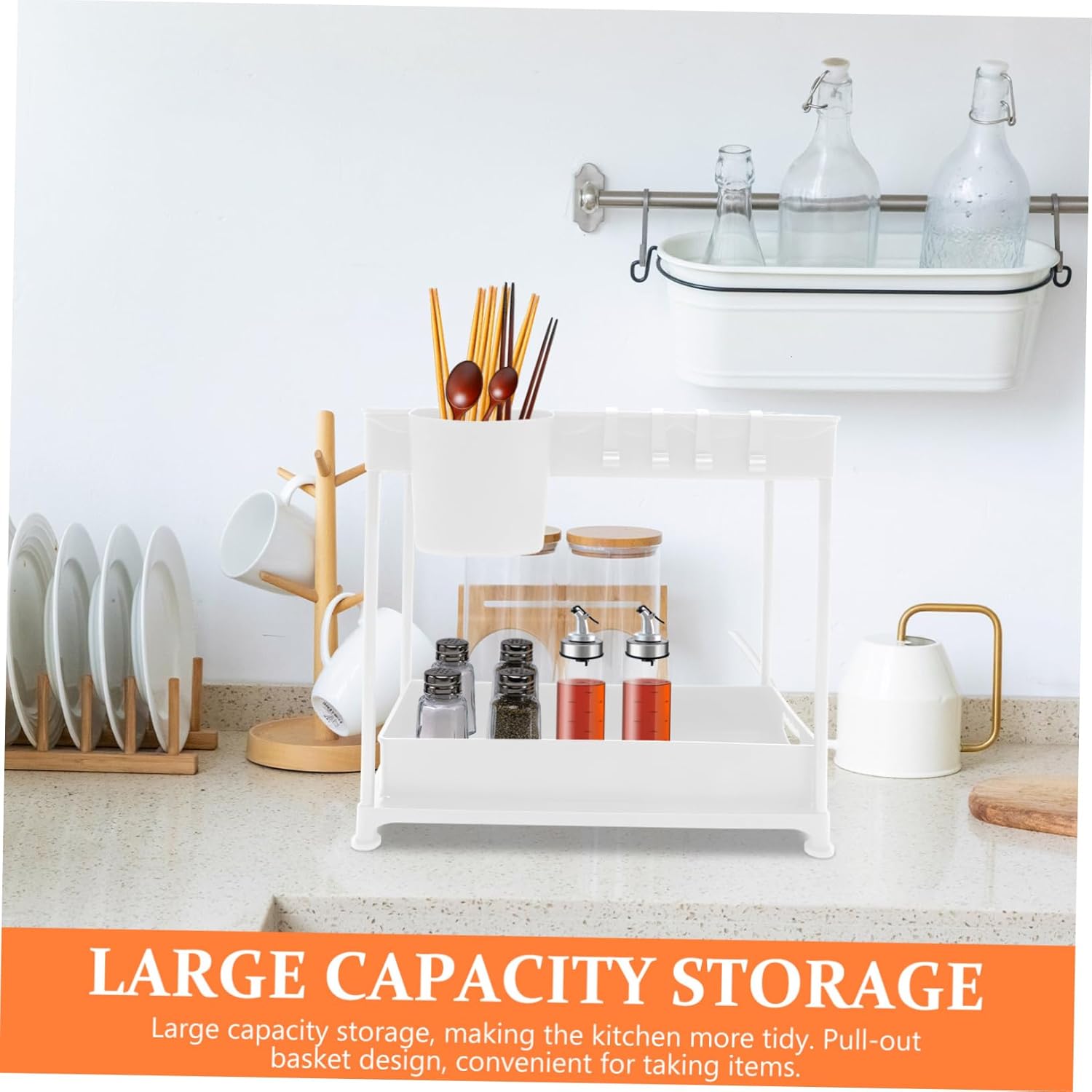 1set Sink Organizer Rack Sliding Baskets Storage for Kitchen and Bathroom -out Design for Cabinets and Countertops White