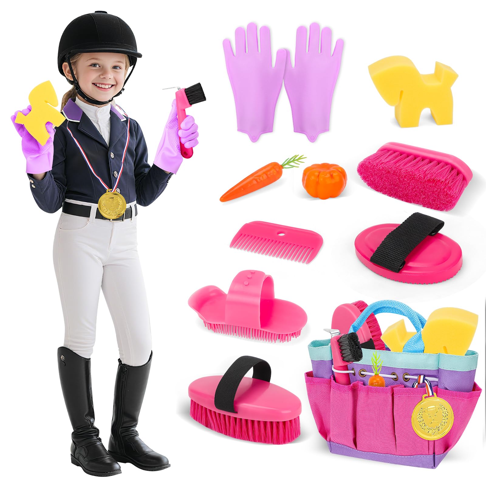 deAO Set de Cuidado de Caballos con Bolsa, Utensilios de Limpieza para Caballos para Niños con Cepillo, Guantes, Cepillo de Masaje, Peine para Crines, Rascador de Cascos, Esponja para Caballos (Rosa)