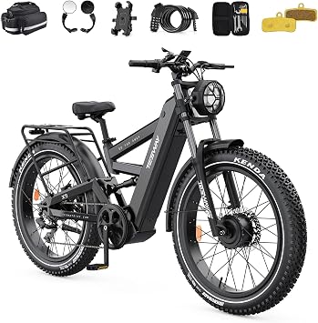 TESWAY X9 Ultra Dual Motor Ebike, 60V 30Ah 200KM/120 Miles Long Range, 4000W 43MPH 240NM, 26" Fat Tire Full Suspension AWD Electric Bike for Adults