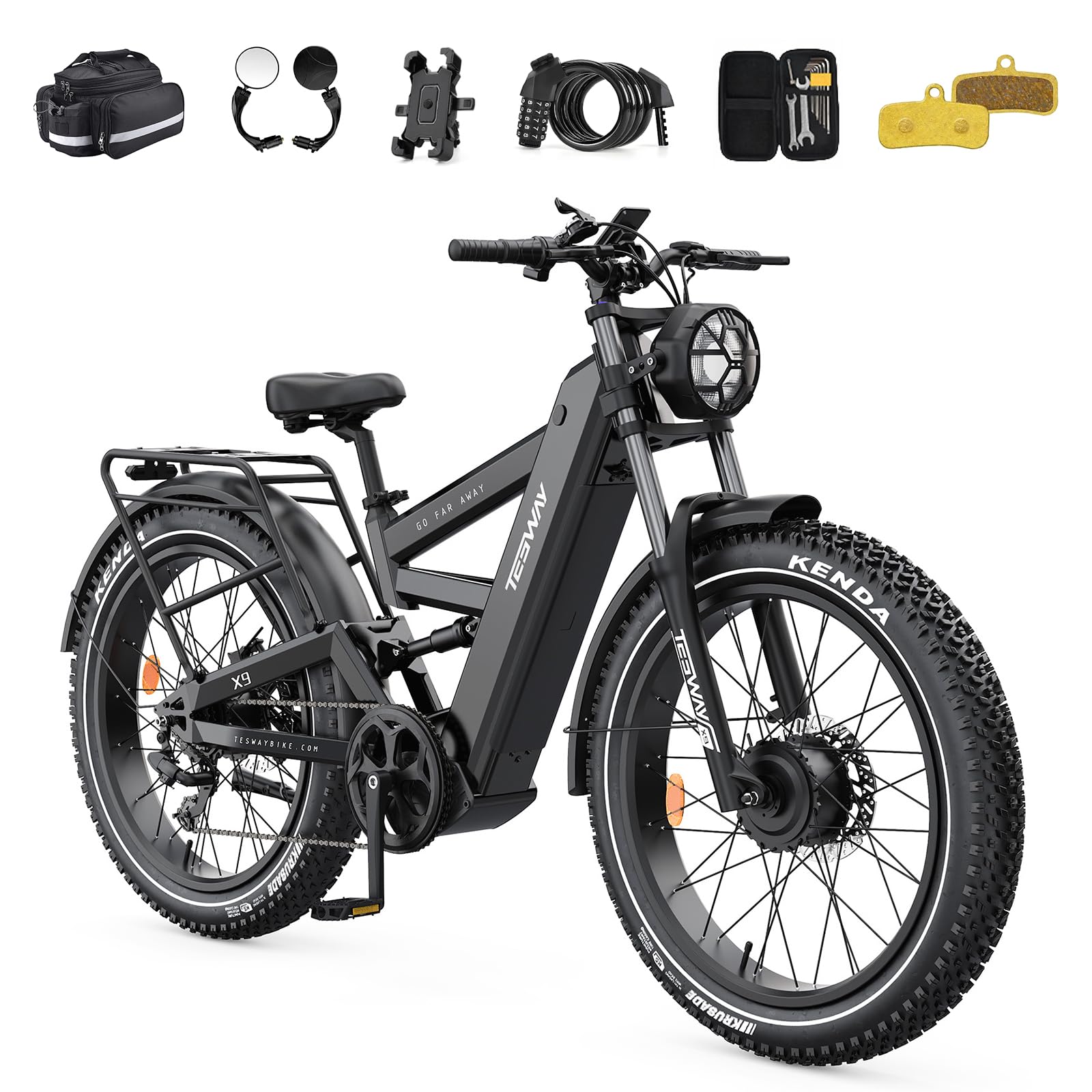 TESWAY X9 Ultra Dual Motor Ebike, 60V 30Ah 200KM/120 Miles Long Range, 4000W 43MPH 240NM, 26" Fat Tire Full Suspension AWD Electric Bike for Adults