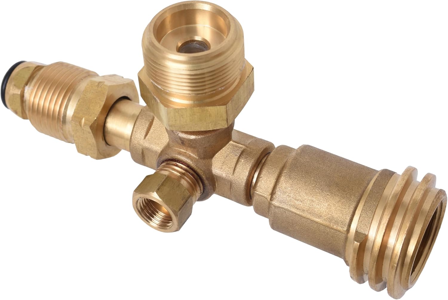 Flame King 4 Port Brass Tee Propane Adapter POL Inlet, 1/4 Inverted Female Flare Inlet, QCC Outlet, CGA600 Outlet (RV-COMBO1)