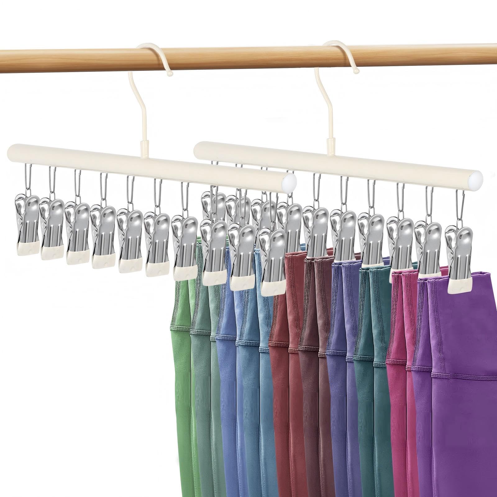 Minicoco 2 Pack Trouser Hangers with Clips, Legging Organizer for Closet Non slip Metal Holds 20 Leggings Holders Pants Hangers,Space Saving Design,Black Rubber Coated Clothes Pants Hangers(Beige)