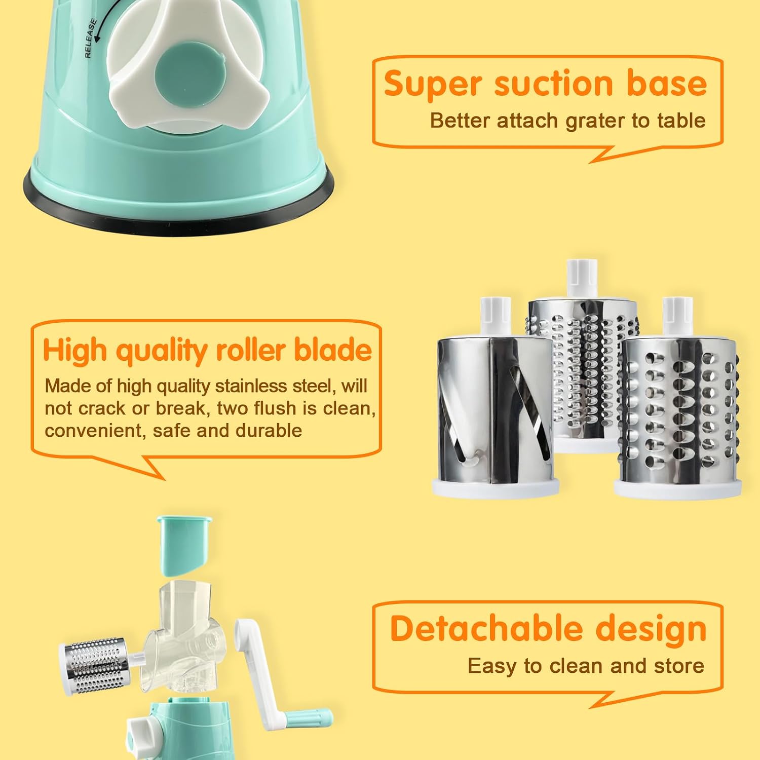 Rotary Cheese Grater - Manual Cheese Grinder Hand Crank Nuts Grinder with 3 Interchangeable Blades & Strong Suction Base - Easy to Use, Vegetable Chopper Round Mandoline Slicer