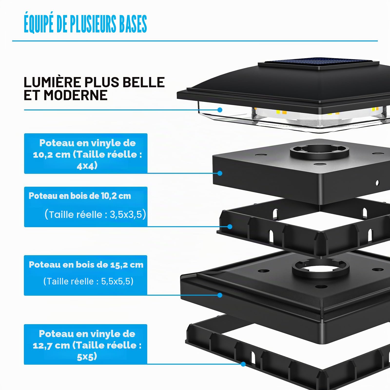 VOLISUN Lot de 12 Lampe Solaire Exterieur Lumières, Solaires de Chapeau de Poteau 2 Modes Lampe LED Etanche pour Jardin Terrasse Clôture, Convenable 8x8 9x9 10x10 cm Poteau en Bois