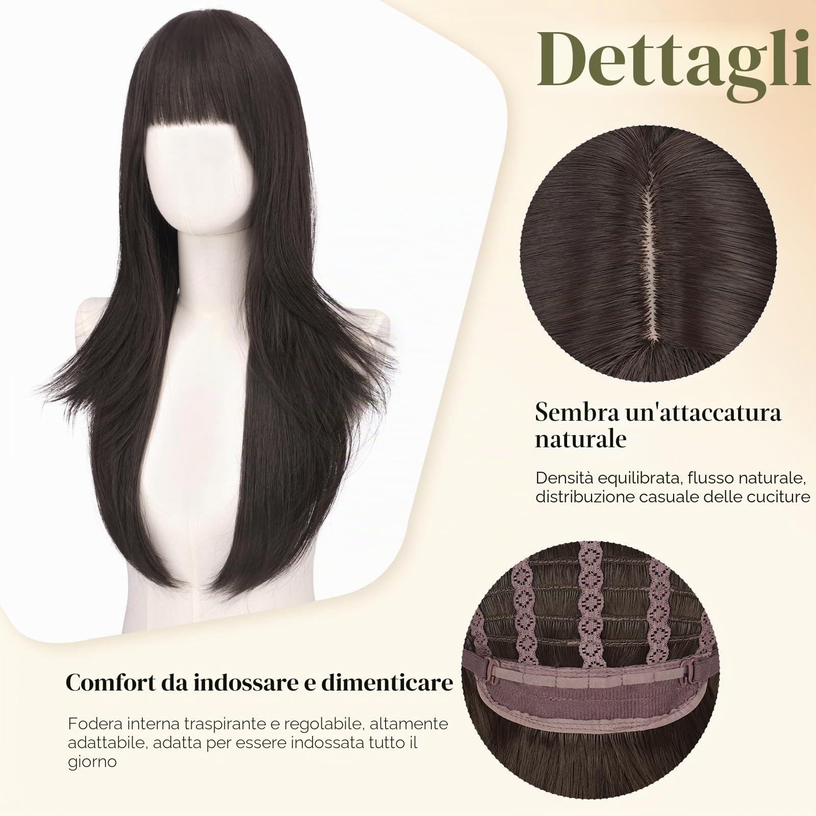 Sofeiyan Parrucca Marrone Scuro con Riflessi Cenere-Oro Lunga con Frangia,65 cm Parrucca Capelli Lisci per Donna,Capelli in Fibra Sintetica Naturale,Parrucche a Strati per Quotidiano Feste Cosplay