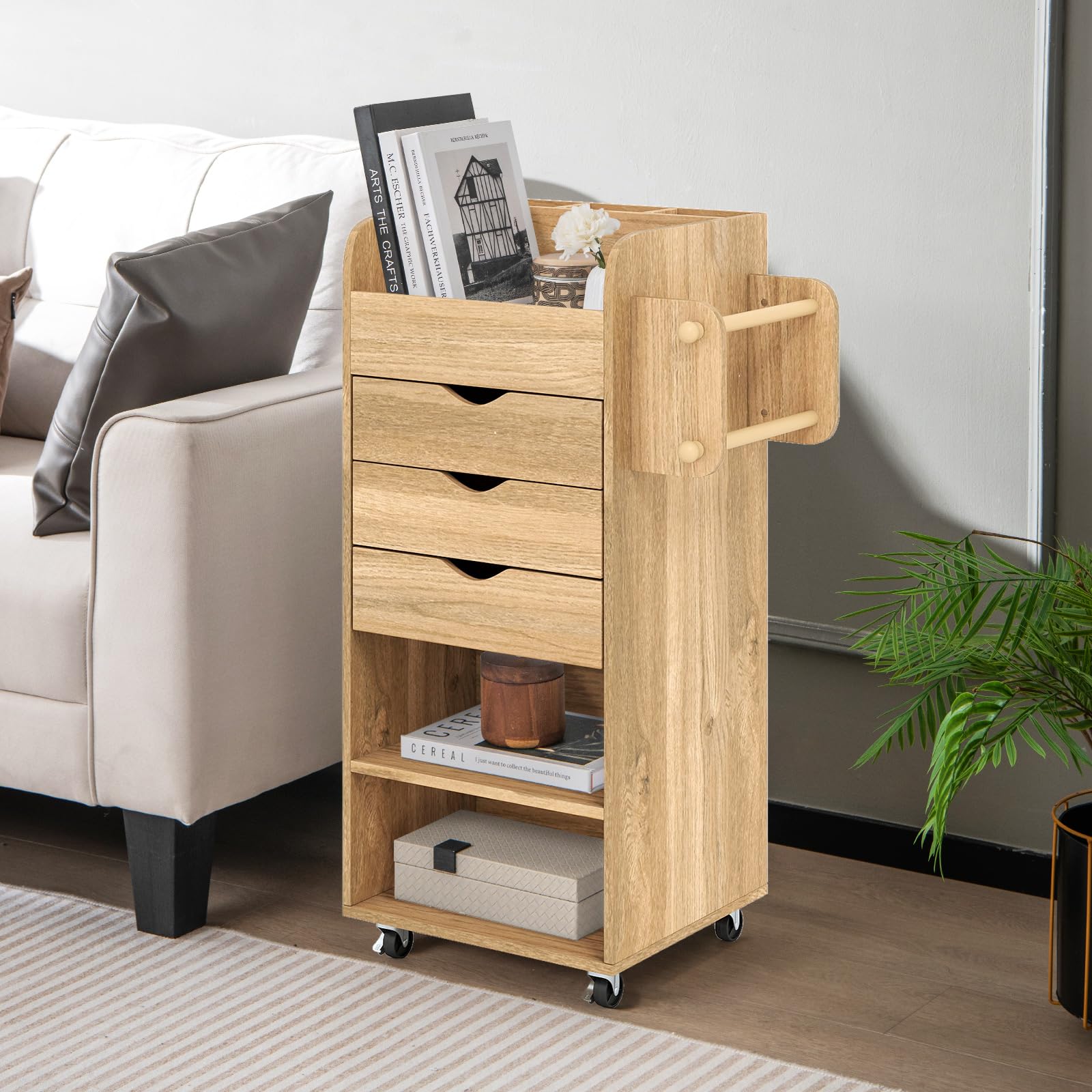 GOPLUS Caisson de Bureau, Meuble de Rangement à Roulettes avec 3 Tiroirs, 2 Compartiments Ouverts et Large Comptoir, Roulettes Universelles avec Freins, 2 Barres Pratiques (Naturel)