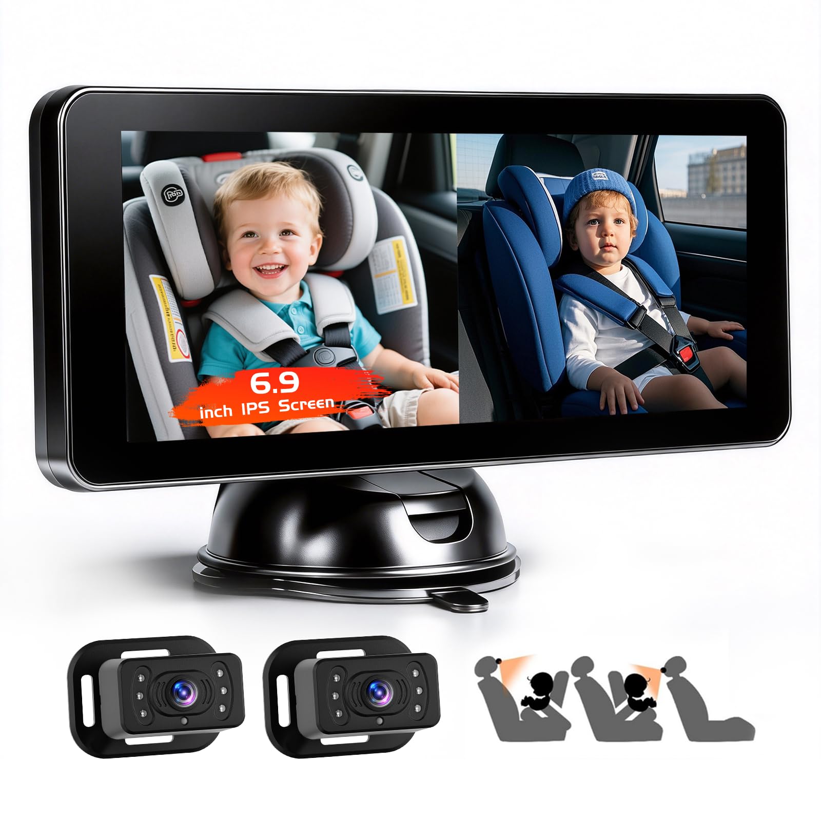 Caméra pour Siège Bébé: écran IPS HD Ultra-Large de 6,9" avec Deux Caméras Arrière - Fonction de Vision Nocturne et D'une Caméra Pivotante à 360° pour Surveiller Les Enfants et Les Animaux Domestiques