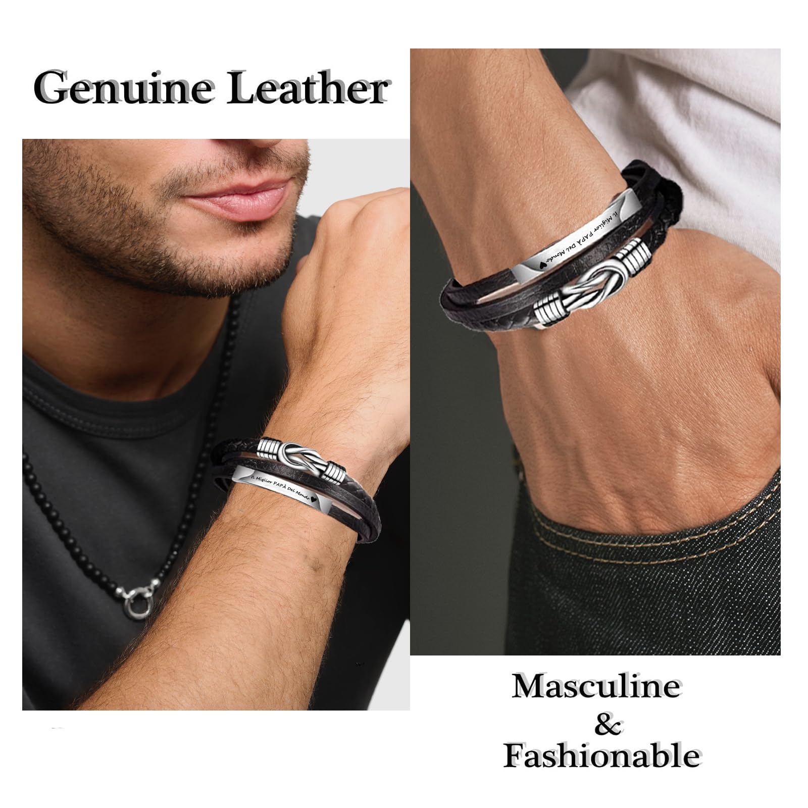 TERRISHE Regalo Uomo Bracciale Uomo Bracciale In Pelle Nera, Regalo per Papà Figlio Mariti Fidanzati, Regalo In Pelle per la Festa del Papà Laurea Compleanno Natale San Valentino