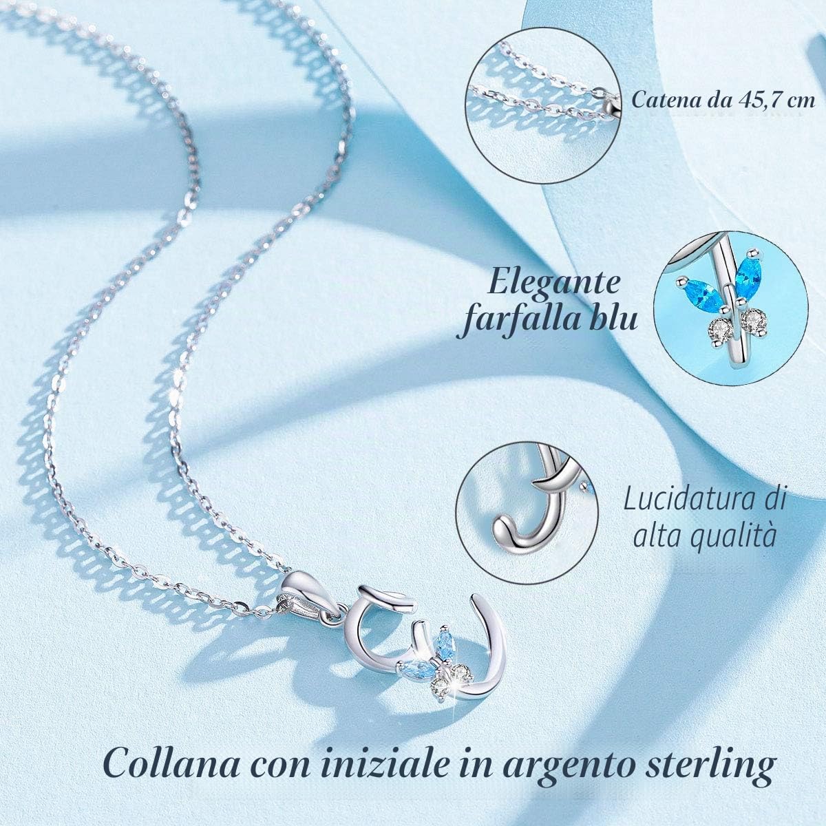 Collana Iniziale Argento Sterling 925 26 Lettere dell'Alfabeto Ciondolo Personalizzato Nome Gioielli Collane Regali per Donne Ragazze Festa della Mamma, Catena 45 cm