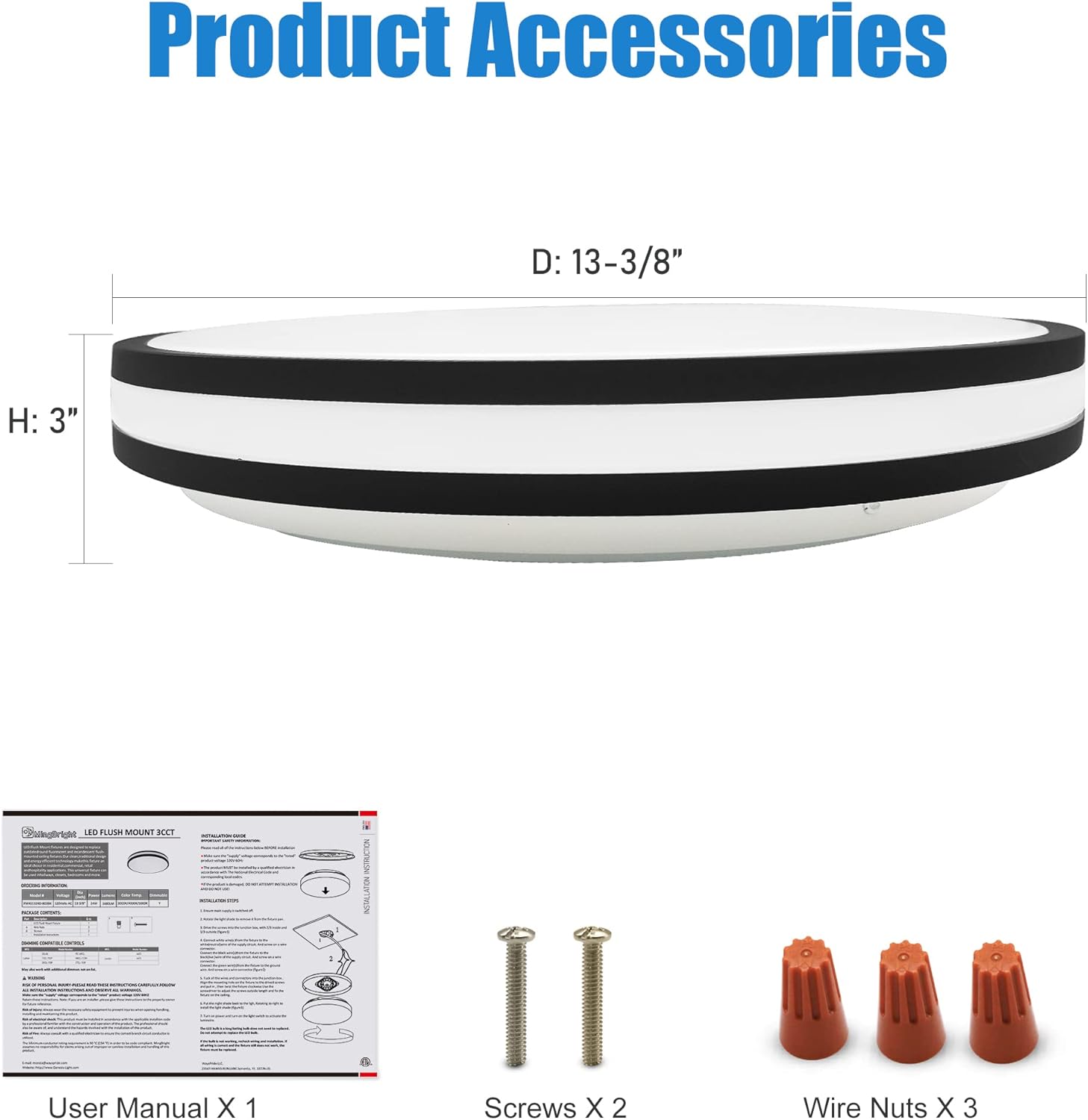 13 Inch LED Flush Mount Light Fixtures - 2 Packs, 3 Colors: 3000K/4000K/5000K Adjustable, 24W Dimmable Black LED Ceiling Lights, for Bedroom, Kitchen, ETL Listed