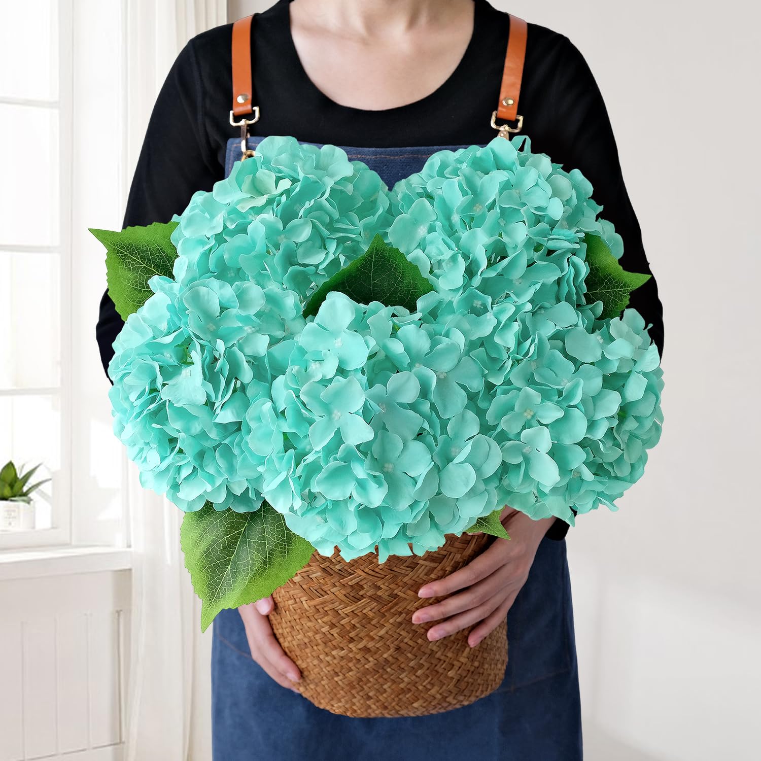 JINWOE Lake Blue Large Lifelike Silk Artificial Hydrangeas, 5Pcs 20Inch Full Fake Flowers for Bouquet Table Centerpieces Wedding Indoor Home Outdoor Baby Showers Decoration