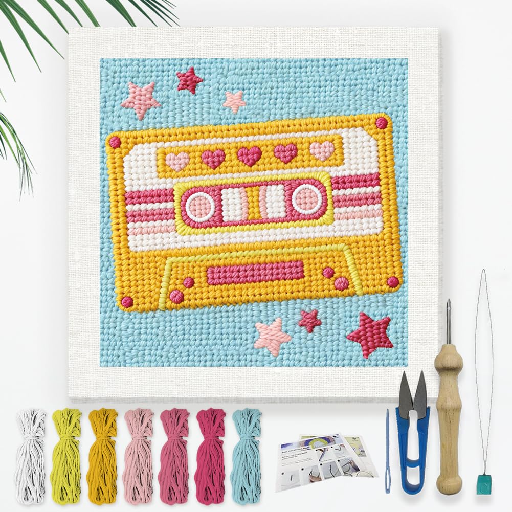 DOODLREAM Retro Cassette Punch Needle Kit for Beginner, 24x24cm Pink Star Punch Stitching Craft Set, DIY Embroidery Starter with Printed Frame, Instruction, Threader, Yarn, Pinch Needle