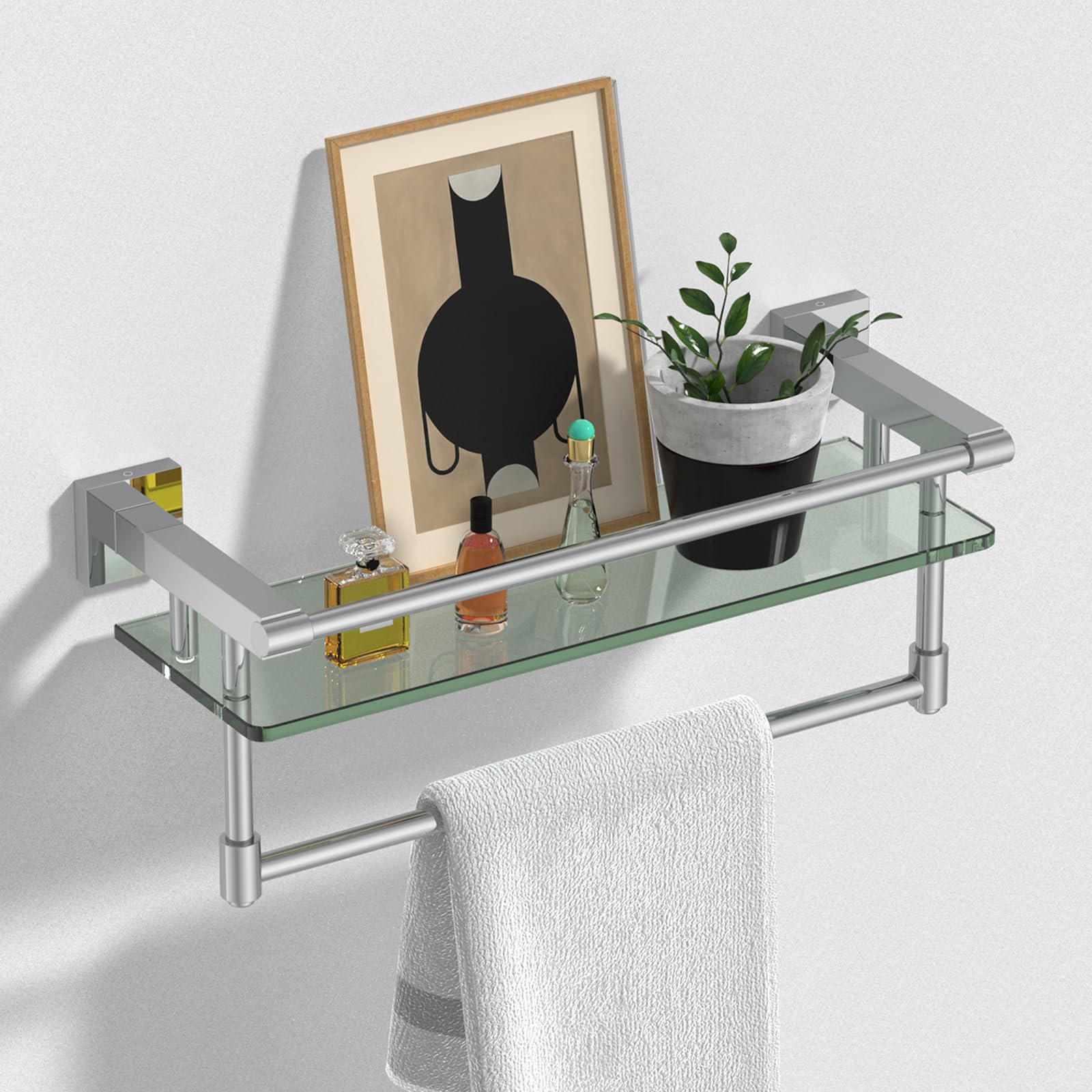 Glass Shelf for Bathroom 16 in Bathroom Shelves with Towel Bar Tempered Glass Shelves with Stainless Steel Towel Holder for Wall (Chrome Polished)