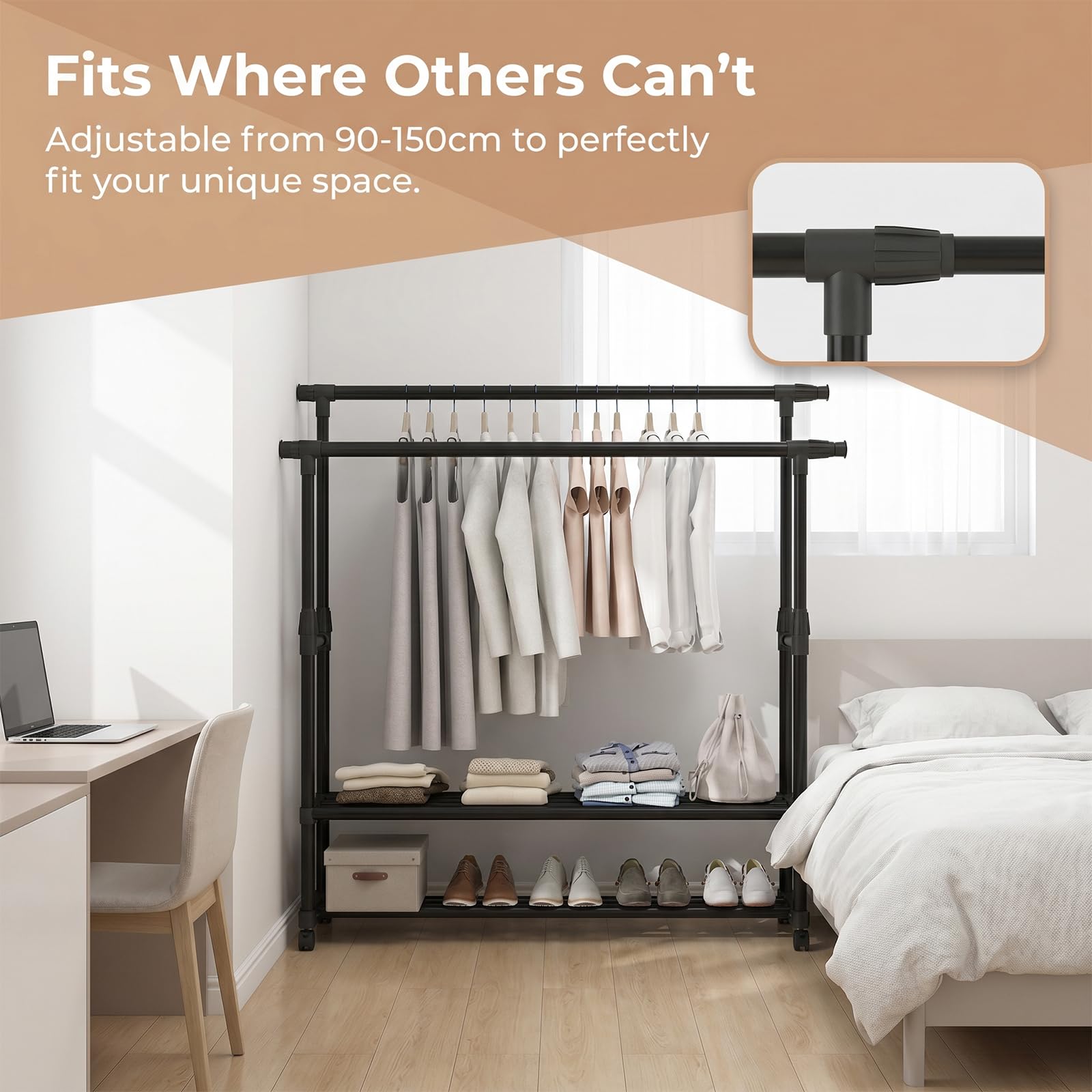 Appendiabiti da Terra con Ruote, Doppio Stand Appendiabiti Robusto in Metallo, Porta Abiti con 2 Ripiani per Scarpe Regolabile in Altezza per Camera da Letto Lavanderia Ingresso (90-150)x42x(95-155)cm