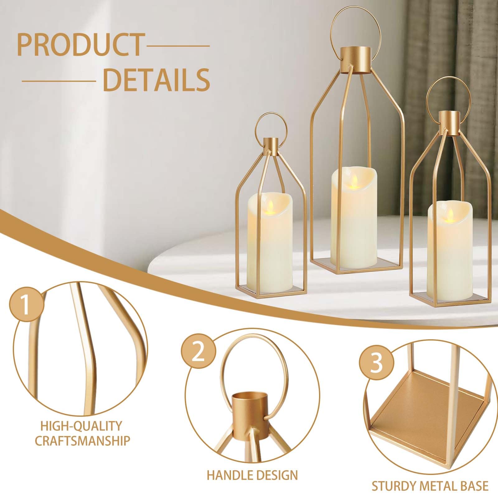 Lot de 6 lanternes décoratives dorées élégantes en métal avec bougies LED vacillantes, décoration pour maison, mariage, Noël (piles AAA non incluses)