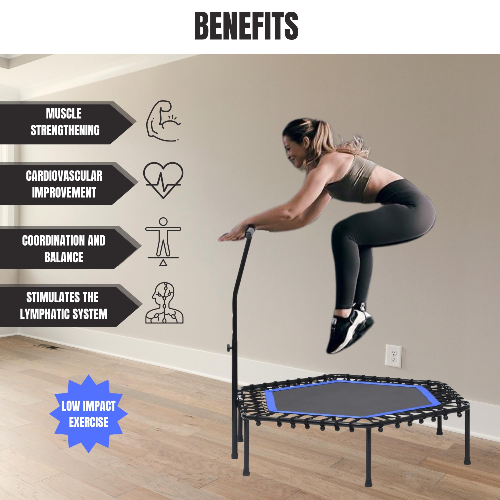 Trampoline Fitness Elastique pour Sauter de Ø90cm Pliable et Silencieux. Installation Facile, Octogonale pour Adultes,Enfants. Intérieur,Extérieur avec Accoudoirs Réglables en Mousse.