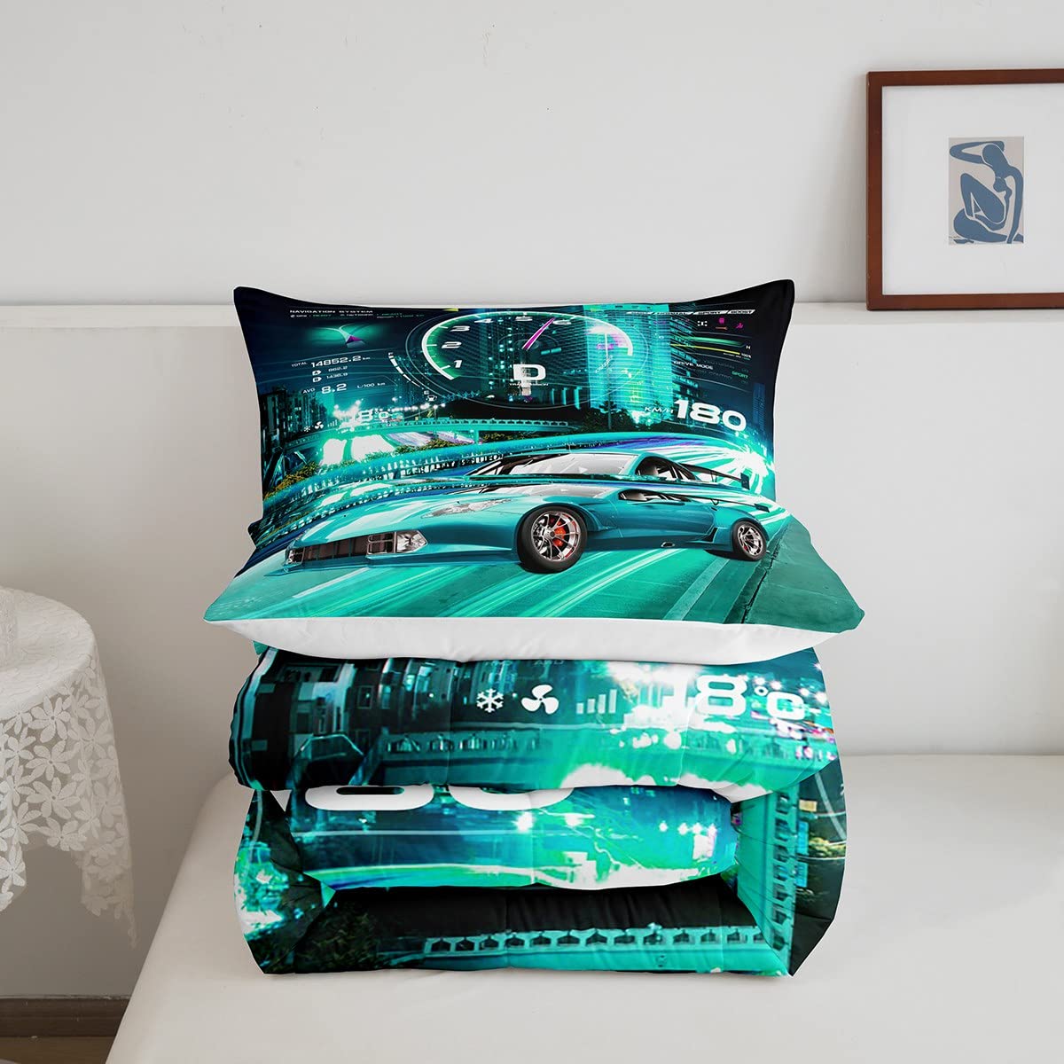 Feelyou Set Biancheria Da Letto Auto Da Corsa Fluorescente - Piumone 3D Per Bambini E Ragazzi Con Federe - 3