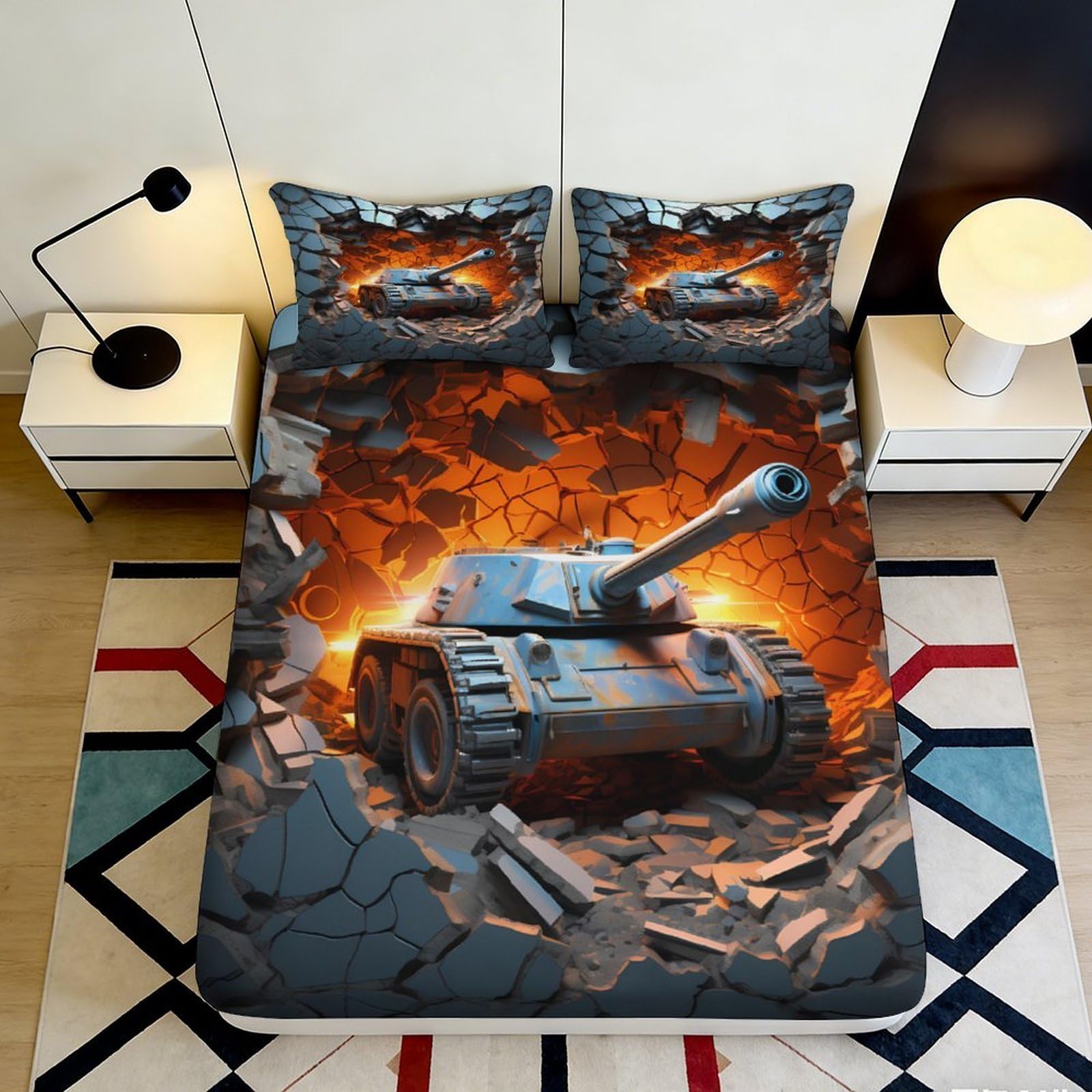 3D Printed Armored Tank Fitted Sheet Microfiber Orange Explosion Bed Cover for Bedroom Guest Room Mattress Decor 120x200x25cm
