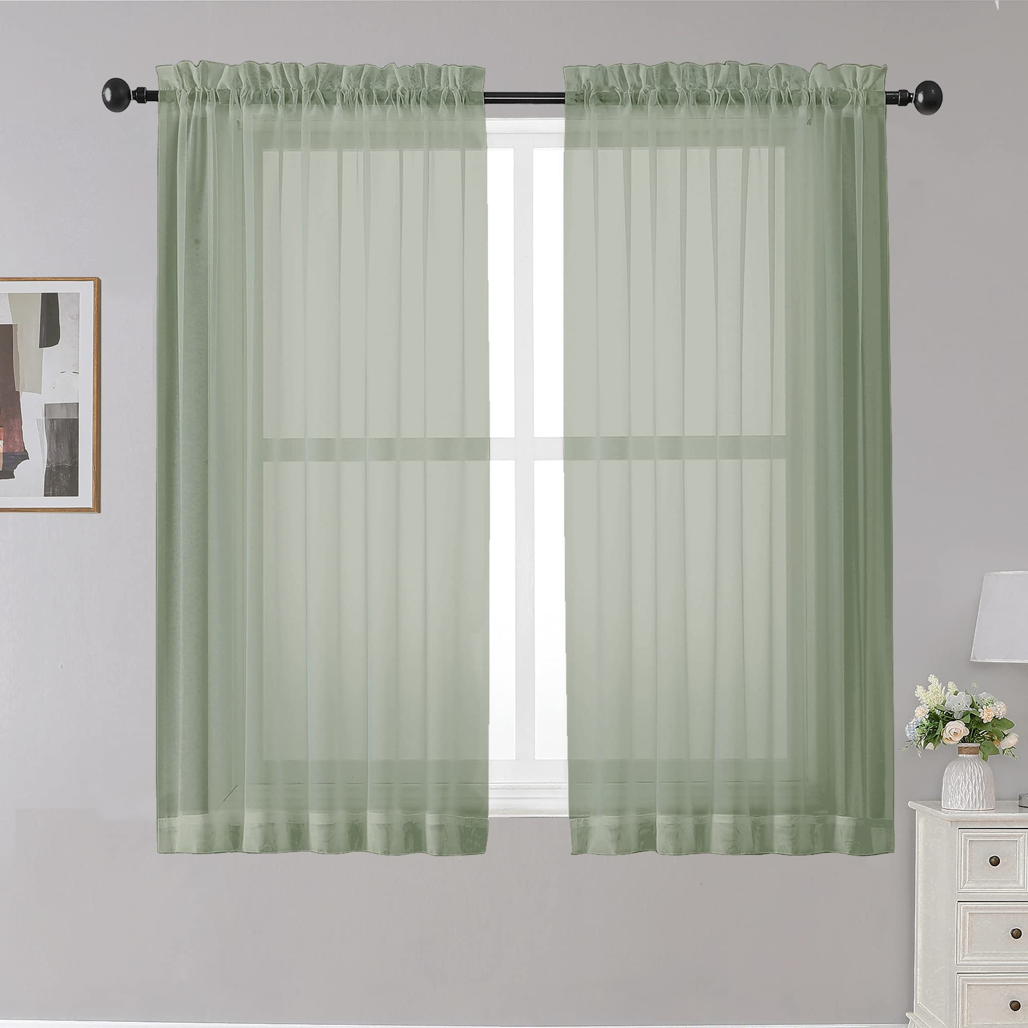 Sheer Curtains Sage Green, 45" Long, Light Filtering for Small Window, 2 Panels, Cafe Style