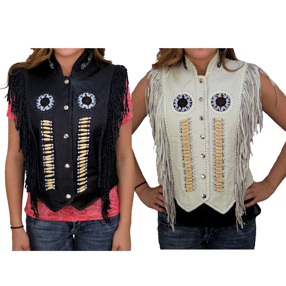 Womens Native American Indian Western Wear Cowgirl Bone Beads Embroidered Fringe Leather Vest