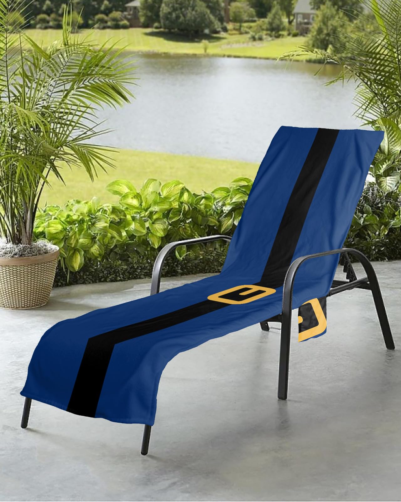 Santa Claus Belt Beach Chair Towel Covers for Chaise Lounge with Side Pocket, Soft Plush Pool Towels Cover for Patio Sunbathing Outdoor 29''x85'' Merry Christmas Navy Blue