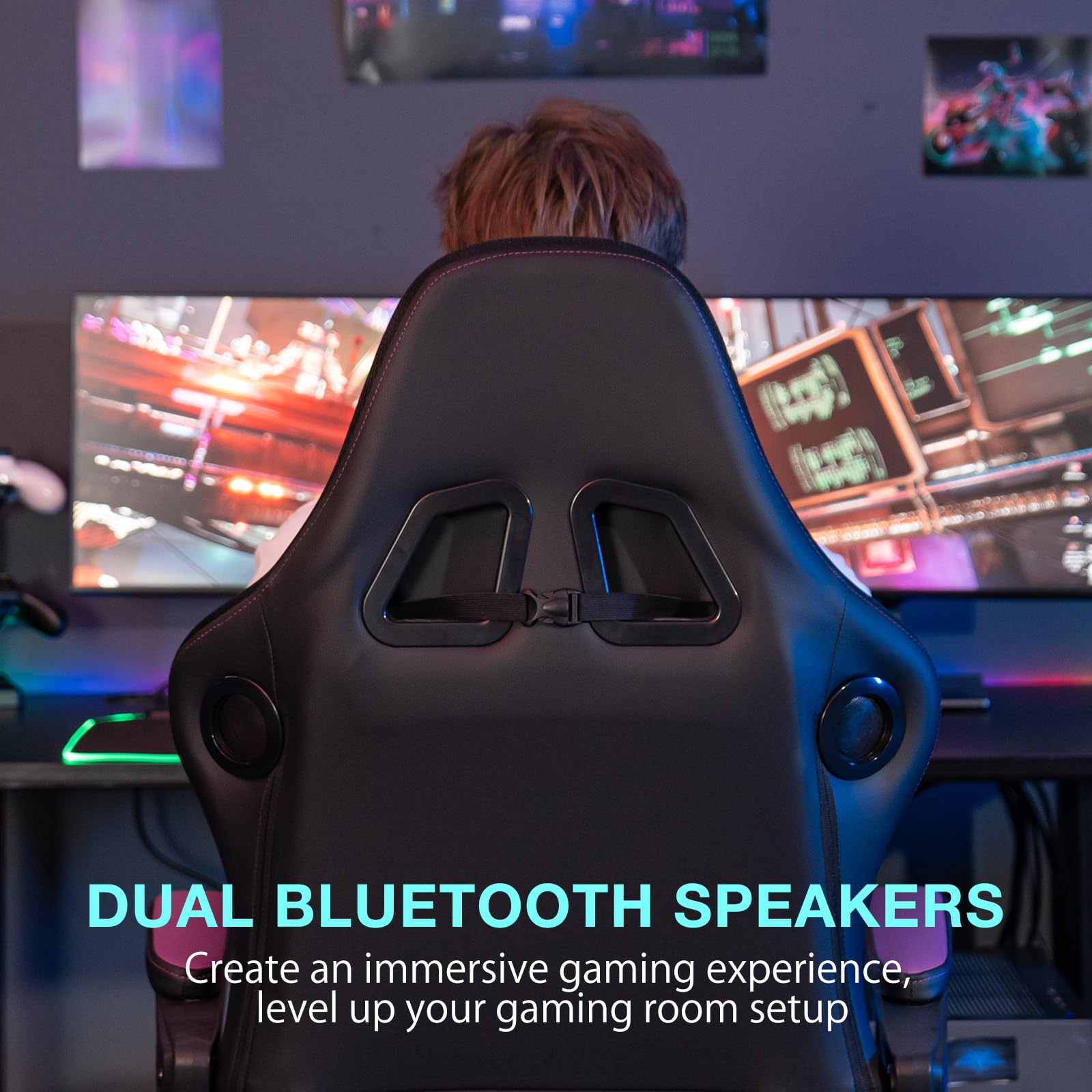 HOFFREE Gaming Chair Massage with Speakers Bluetooth and Footrest Big and Tall Video Game Chair for Heavy People 400lb with Massager for Adults Purple and Black