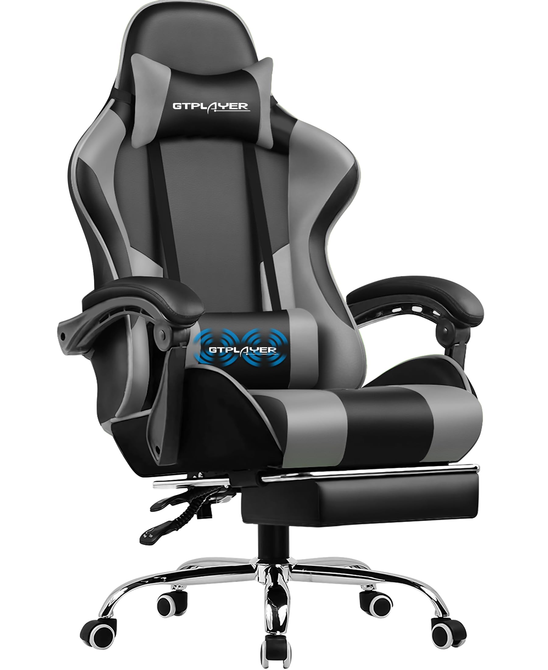 GTPLAYER Sedia da ufficio, da gaming, da gaming, ergonomica, con poggiapiedi, poggiatesta, cuscino lombare, imbottito, sedia girevole grigia