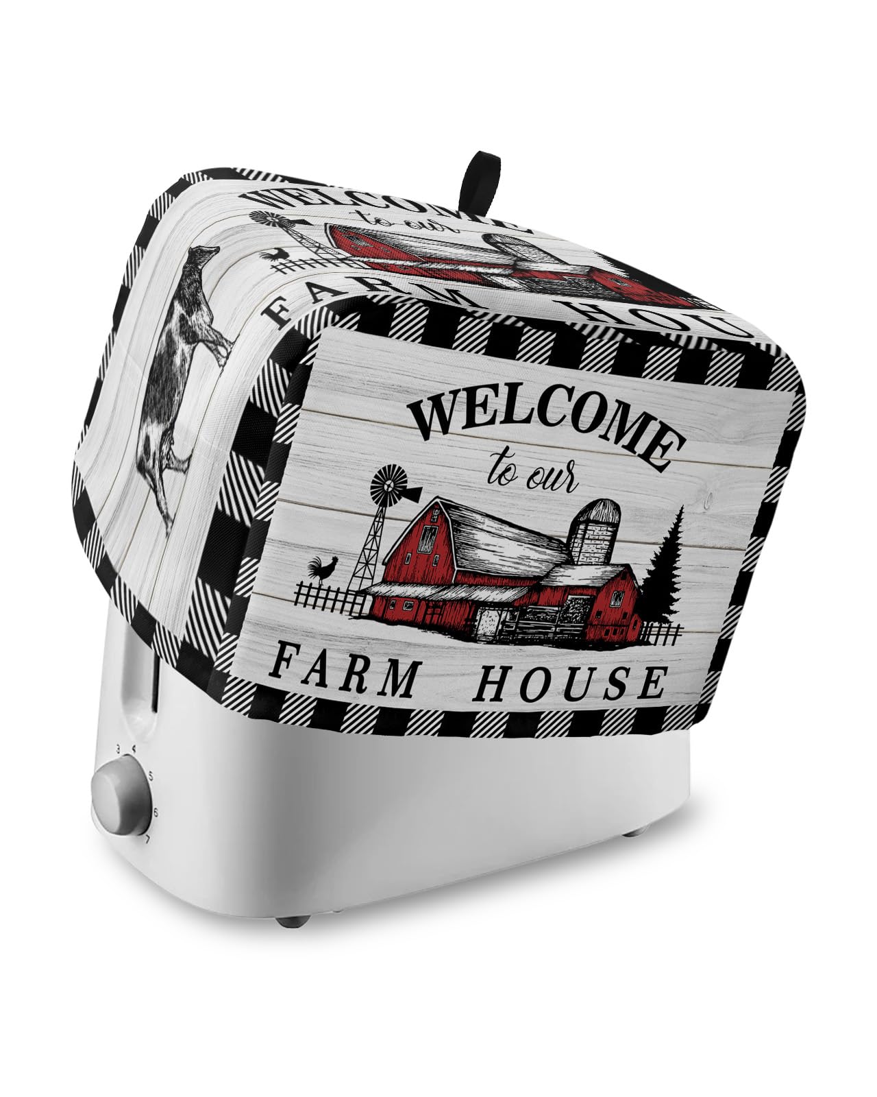 Welcome to Our Farm House 2 Slice Toaster Cover, Small Kitchen Appliance Cover, Black and White Checkered With Loop, Bread Machine Polyester Dust Protection
