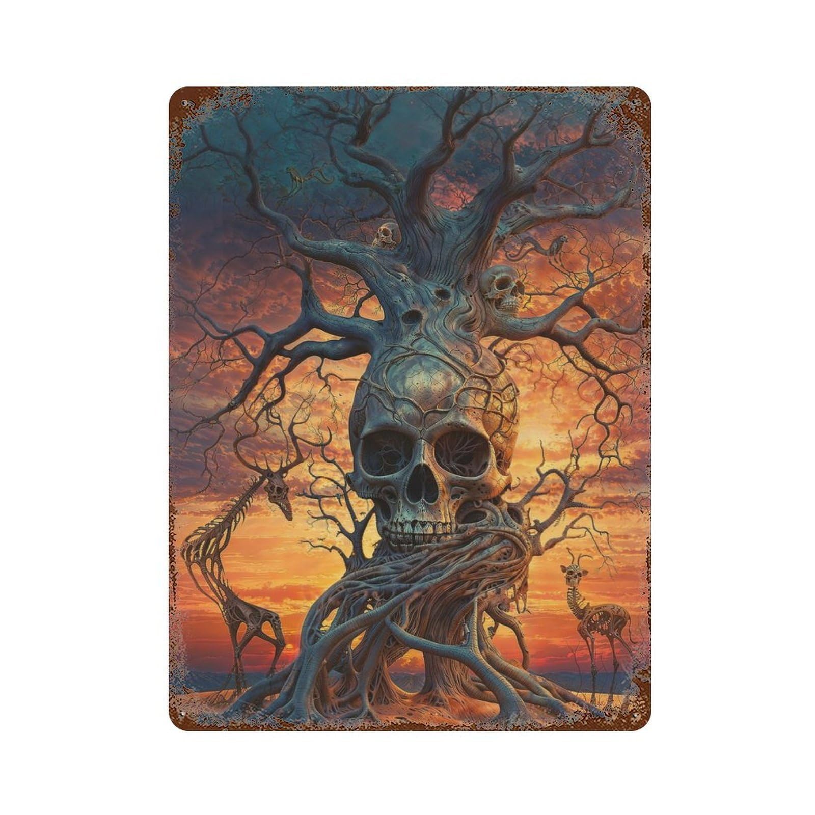 Rust Effect Surreal Tree Roots Skull Aged Metal Wall Plaque 15.7"x11.8", Rustic Home Decor for Bistro, Counter And Cafe Decor